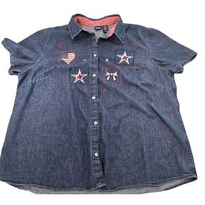 90s VTG Basic Editions Womens 1X Patriotic Denim Shirt Embroidered‎ Flag Stars